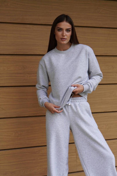 Костюм из футера с велюром палаццо и свитшотом Twok 400911 белый меланж - фото 2