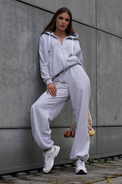 Костюм из футера с велюром бомбер и брюки палаццо Twok 400921 белый меланж - фото 7