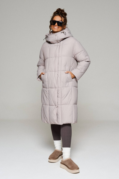 Пальто стеганое прямого силуэта на молнии и кнопках Beautiful&Free 6247 серо-бежевый - фото 3