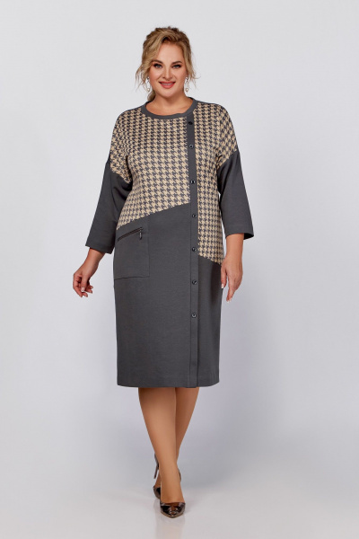 Демисезонное платье из трикотажа и хлопка с подрезами Swallow 791 светлый графит,“серо-бежевая_гусиная_лапка” - фото 8