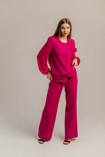 Брючный костюм из шифона и текстиля для торжеств Стильная леди М-1089 фуксия - фото 9