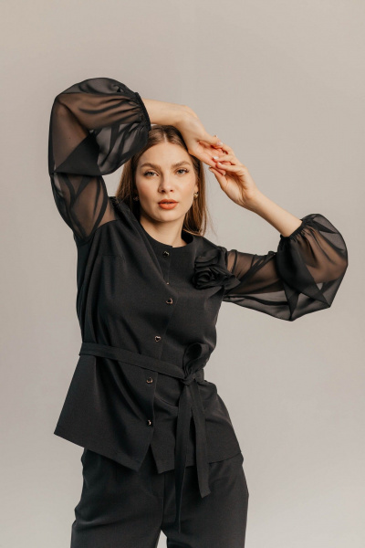 Брючный костюм из шифона и текстиля для торжеств Стильная леди М-1089 черный - фото 9