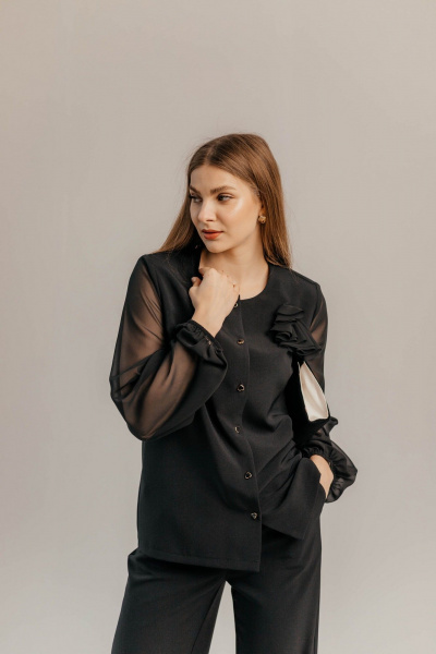 Брючный костюм из шифона и текстиля для торжеств Стильная леди М-1089 черный - фото 6