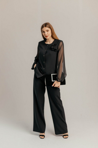 Брючный костюм из шифона и текстиля для торжеств Стильная леди М-1089 черный - фото 1