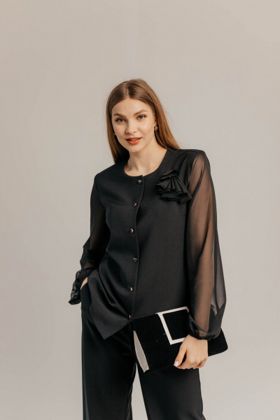 Брючный костюм из шифона и текстиля для торжеств Стильная леди М-1089 черный - фото 4