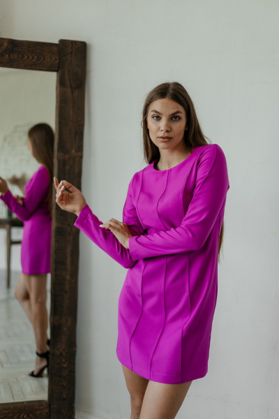 Мини платье из текстиля с отделкой и длинным рукавом Стильная леди М-042 фуксия - фото 5
