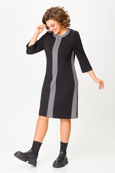 Платье из трикотажа с молнией и вставками демисезон черное Swallow 773 черный+черно-белая_гусиная_лапка - фото 14