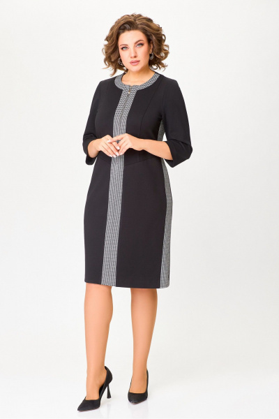 Платье из трикотажа с молнией и вставками демисезон черное Swallow 773 черный+черно-белая_гусиная_лапка - фото 2