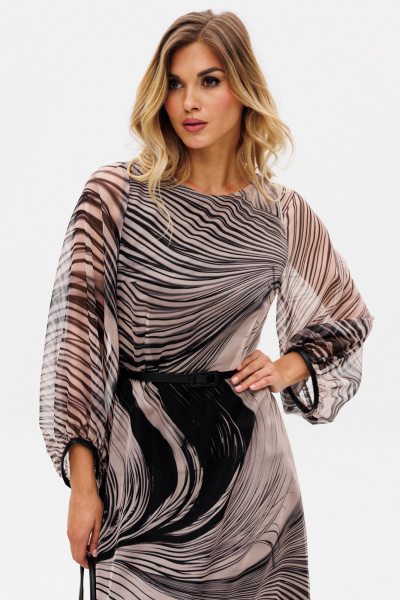 Кэжуал платье из креп-шифона с принтом и ремнем демисезон EOLA 2716.1 бежево-черный - фото 5