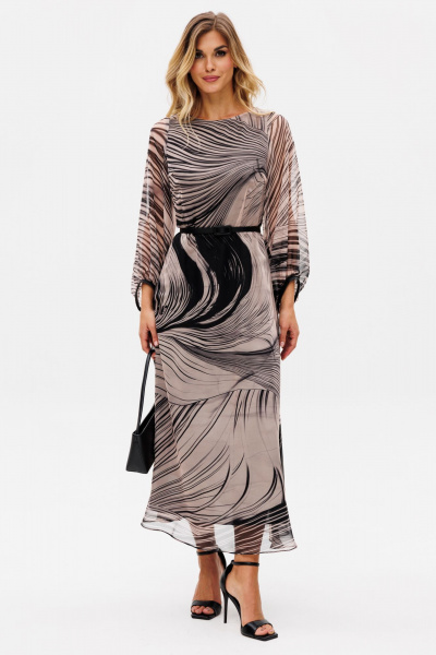 Кэжуал платье из креп-шифона с принтом и ремнем демисезон EOLA 2716.1 бежево-черный - фото 4
