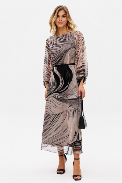 Кэжуал платье из креп-шифона с принтом и ремнем демисезон EOLA 2716.1 бежево-черный - фото 3