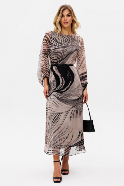 Кэжуал платье из креп-шифона с принтом и ремнем демисезон EOLA 2716.1 бежево-черный - фото 1