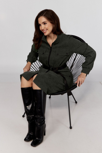 Платье с кокеткой и кулисой из легкого текстиля Verita 2331 хаки - фото 6