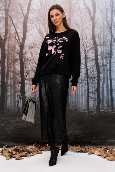 Джемпер укороченный прямого силуэта с печатью и манжетами Butеr 2950 черный-пудра - фото 6