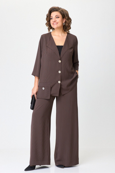 Комплект костюм из блузки и широких брюк с резинкой Michel chic 1386/1 коричневый,полоска - фото 7