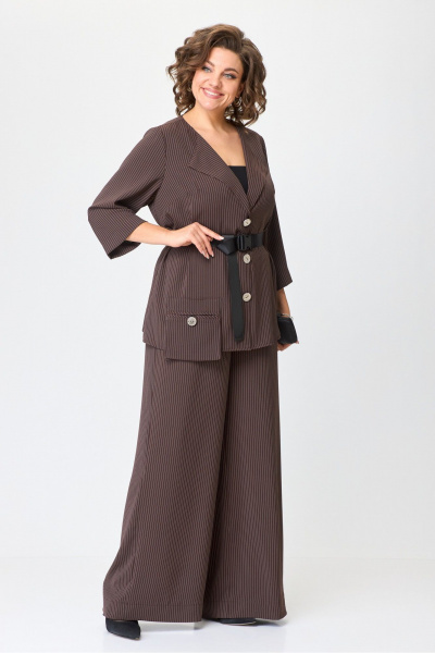 Комплект костюм из блузки и широких брюк с резинкой Michel chic 1386/1 коричневый,полоска - фото 4