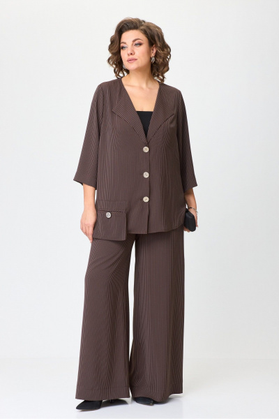 Комплект костюм из блузки и широких брюк с резинкой Michel chic 1386/1 коричневый,полоска - фото 2