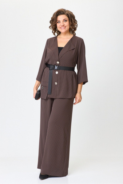 Комплект костюм из блузки и широких брюк с резинкой Michel chic 1386/1 коричневый,полоска - фото 1