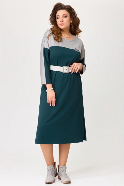 Трикотажное платье с съемным поясом и разрезами Fita 1742 изумрудно-серый - фото 1