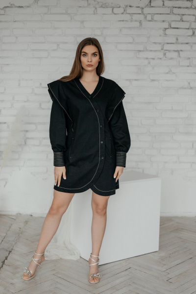 Демисезонное платье с отделочными строчками и воланами Стильная леди М-793 черный - фото 1