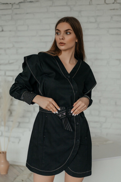 Демисезонное платье с отделочными строчками и воланами Стильная леди М-793 черный - фото 4