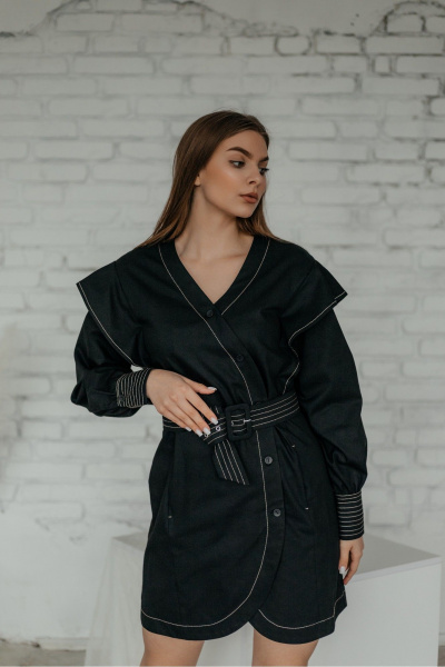 Демисезонное платье с отделочными строчками и воланами Стильная леди М-793 черный - фото 2