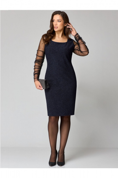 Нарядное платье с мерцающим эффектом и вставкой из сетки Мишель стиль 1231 темно-синий - фото 4