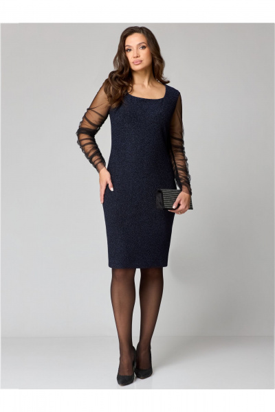 Нарядное платье с мерцающим эффектом и вставкой из сетки Мишель стиль 1231 темно-синий - фото 2