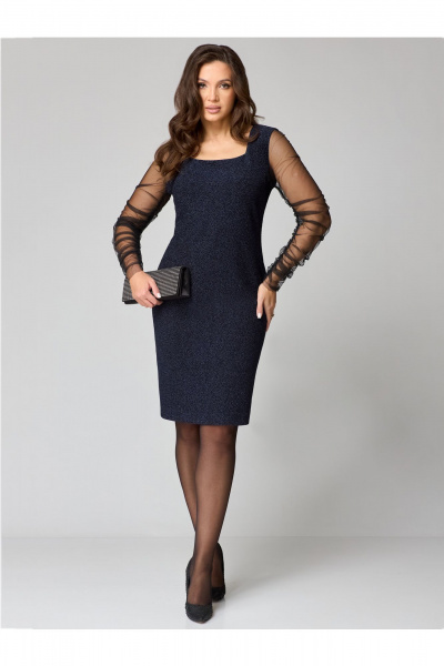 Нарядное платье с мерцающим эффектом и вставкой из сетки Мишель стиль 1231 темно-синий - фото 1