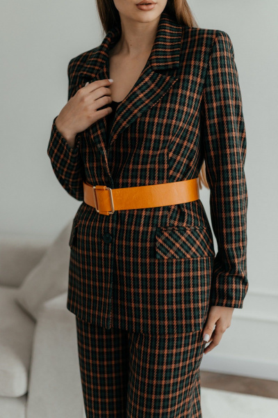 Деловой костюм брюки, жакет и ремень из текстиля, мультиколор Стильная леди М-1039 клетка - фото 9