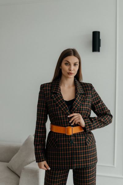 Деловой костюм брюки, жакет и ремень из текстиля, мультиколор Стильная леди М-1039 клетка - фото 2