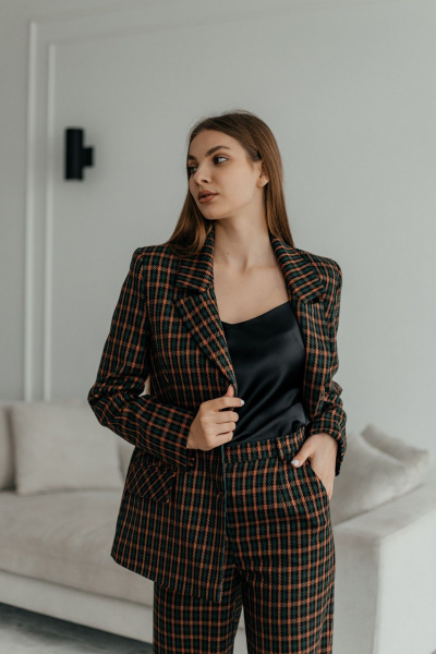 Деловой костюм брюки, жакет и ремень из текстиля, мультиколор Стильная леди М-1039 клетка - фото 7