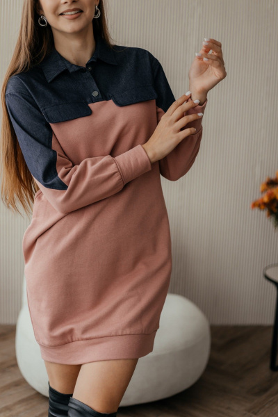 Розовое мини-платье с длинным рукавом и длиной выше колена Стильная леди М-358 пудра - фото 4