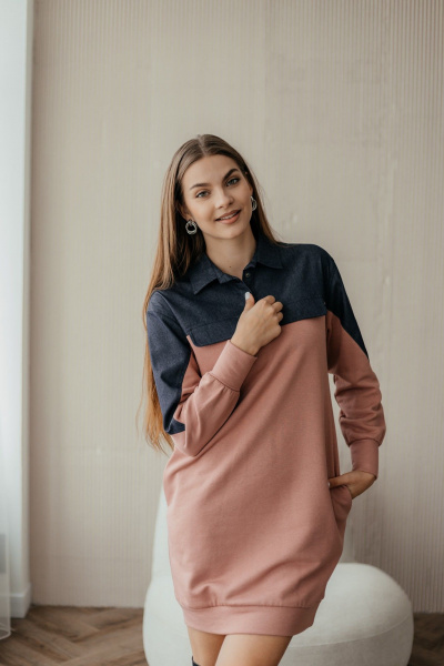 Розовое мини-платье с длинным рукавом и длиной выше колена Стильная леди М-358 пудра - фото 3