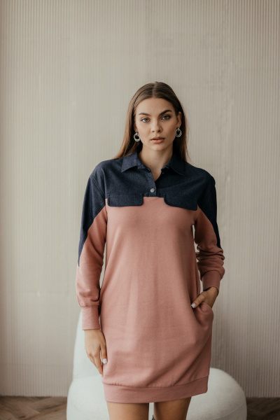 Розовое мини-платье с длинным рукавом и длиной выше колена Стильная леди М-358 пудра - фото 1