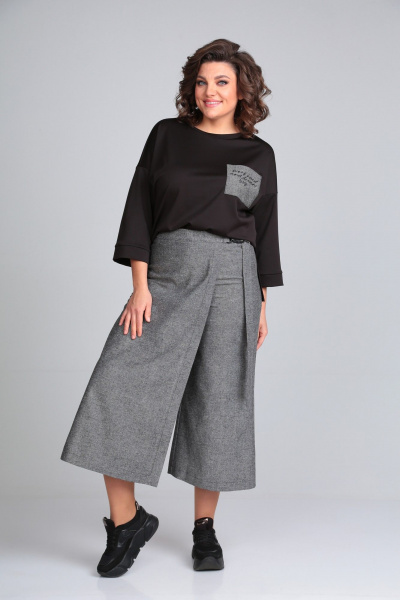 Брюки-кюлоты из мягкой ткани с запахом и свободным кроем Michel chic 1317/1 черный/темно-серый - фото 6