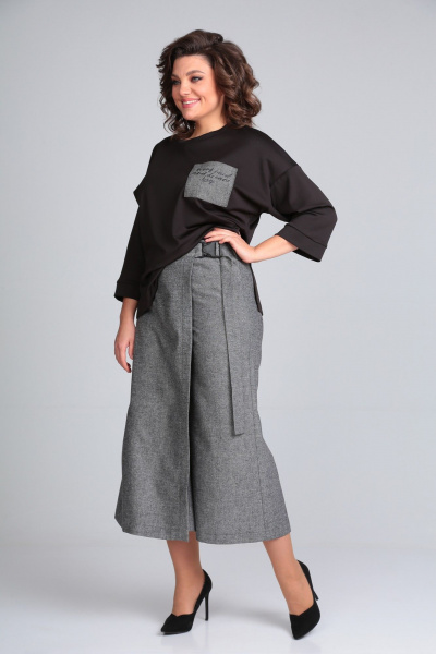 Брюки-кюлоты из мягкой ткани с запахом и свободным кроем Michel chic 1317/1 черный/темно-серый - фото 3