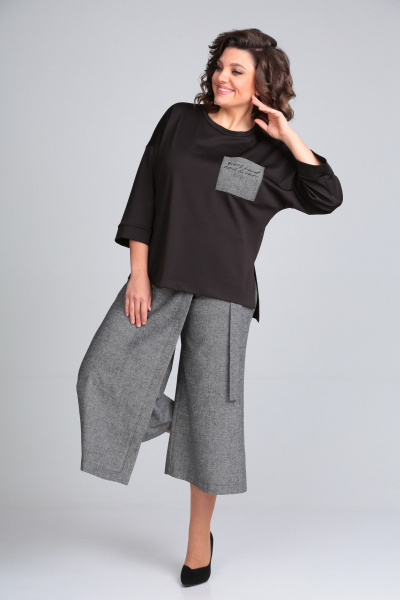 Брюки-кюлоты из мягкой ткани с запахом и свободным кроем Michel chic 1317/1 черный/темно-серый - фото 2