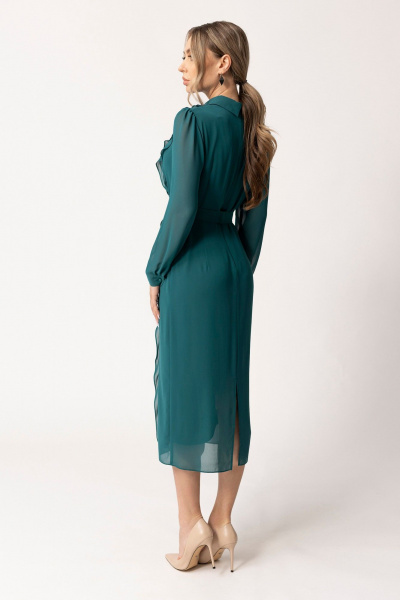 Платье шифон полуприлегающего силуэта с рюшами и поясом Golden Valley 44057 темно-зеленый - фото 3