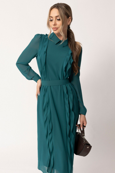 Платье шифон полуприлегающего силуэта с рюшами и поясом Golden Valley 44057 темно-зеленый - фото 2