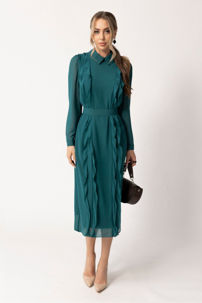 Платье шифон полуприлегающего силуэта с рюшами и поясом Golden Valley 44057 темно-зеленый - фото 1