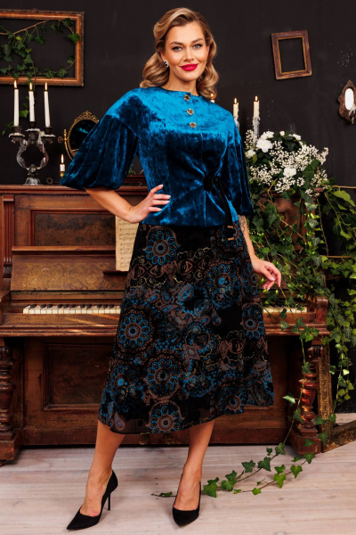 Демисезонный комплект жакет и юбка из бархата с декором Мода Юрс 2625 бирюза - фото 2