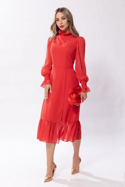 Платье нарядное из текстиля и шифона с венгерской сборкой и асимметрией Golden Valley 4879 красный - фото 1