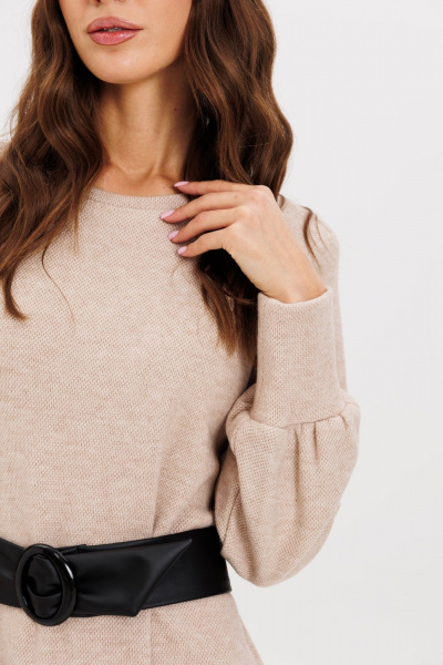 Демисезонное платье-трапеция из плотного трикотажа с поясом AVEEVA 5210 бежевый - фото 9