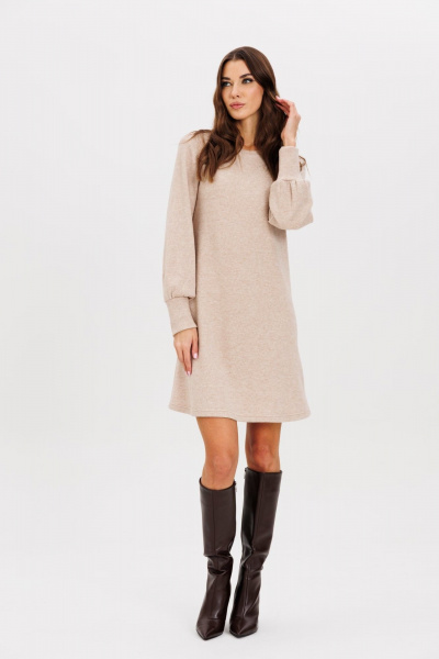 Демисезонное платье-трапеция из плотного трикотажа с поясом AVEEVA 5210 бежевый - фото 5
