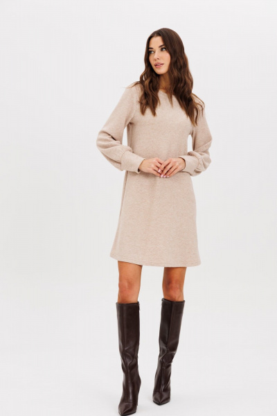 Демисезонное платье-трапеция из плотного трикотажа с поясом AVEEVA 5210 бежевый - фото 4