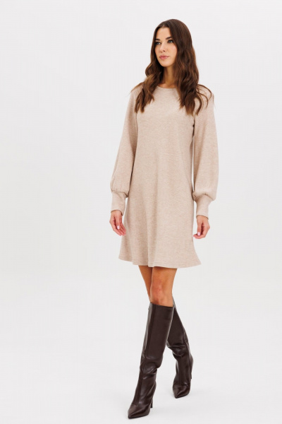 Демисезонное платье-трапеция из плотного трикотажа с поясом AVEEVA 5210 бежевый - фото 3