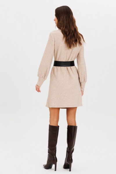 Демисезонное платье-трапеция из плотного трикотажа с поясом AVEEVA 5210 бежевый - фото 2