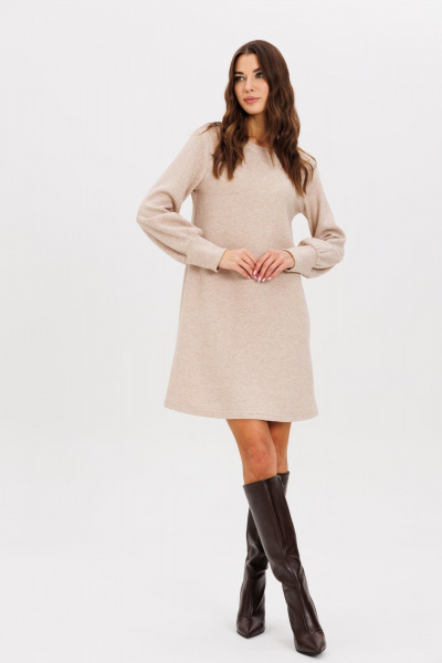 Демисезонное платье-трапеция из плотного трикотажа с поясом AVEEVA 5210 бежевый - фото 1