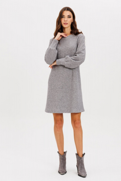 Демисезонное платье-трапеция из мягкого трикотажа с поясом AVEEVA 5210 серый - фото 2